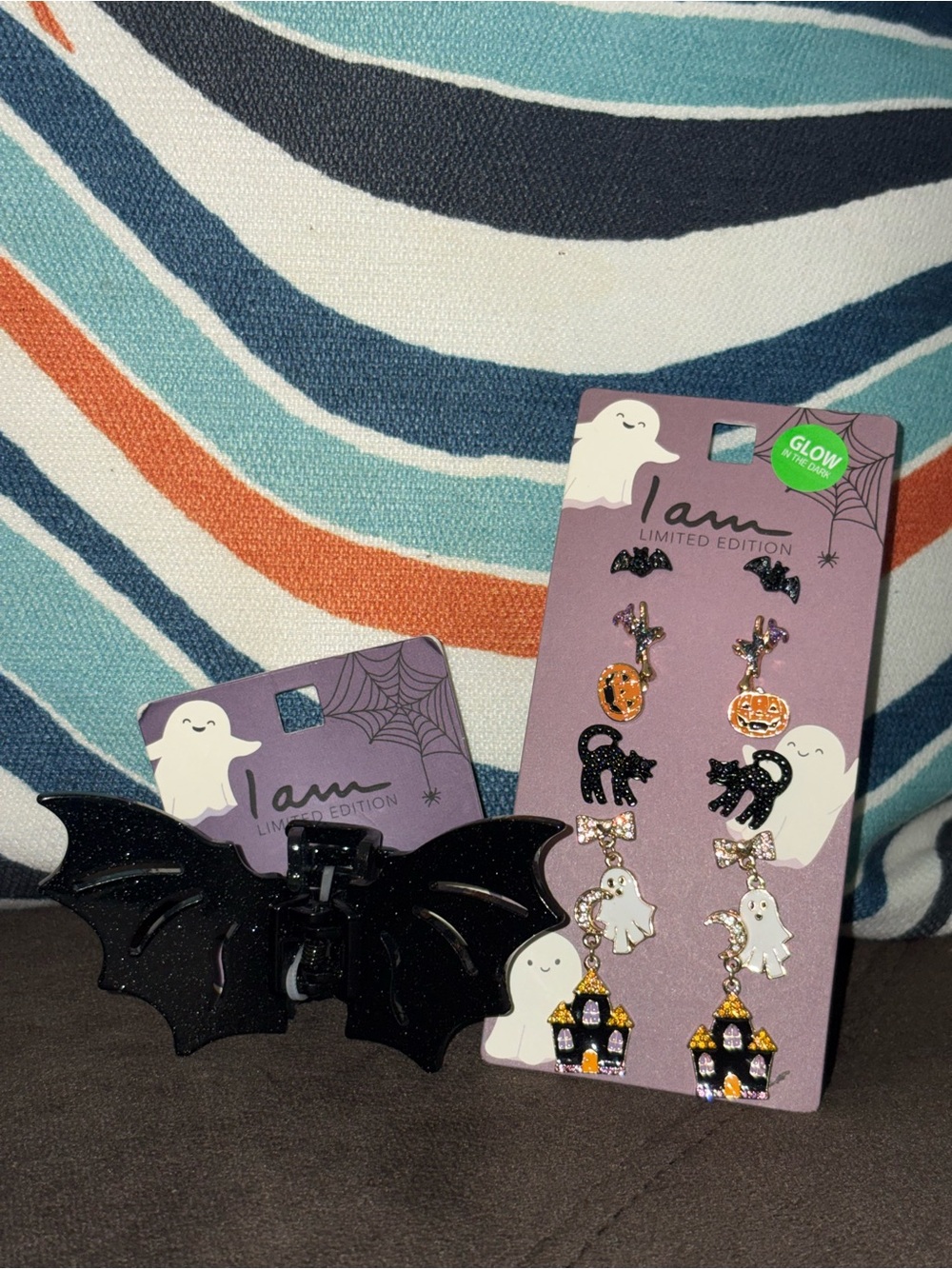 Halloween Earrings & Bat Hair Clip Set - Black, Orange, White